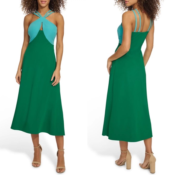 NEW SIENNA Aqua Green STRAPPY Colorblocked KEYHOLE CUTOUT A-line MIDI DRESS 4 - Picture 1 of 9